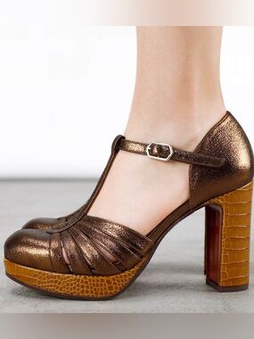 Chie Mihara YEILO Bronce Metallic T-Strap Block Heel Pumps Leather Upper Women's